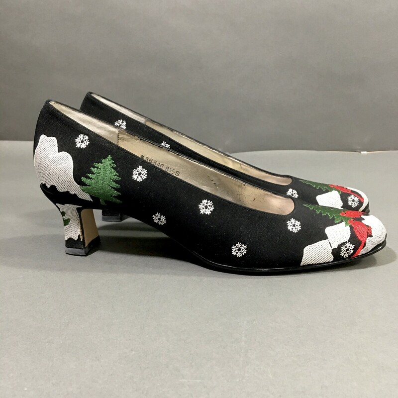Ros Hommerson Christmas, Pattern, Size: 8.5
Chrismas, Party, Holiday
Heels Pump Chrismas, Party, Holiday Red Cardinal
Upper Material: Leather
Shoe Width:B
US 8.5
Width:Medium
Heel Style:Block
Occasion: Special Occasion
Size: 8.5
Closure: Slip On
Heel Height:
Med (1 3/4 in. to 2 3/4 in.)
Country/Region of Manufacture:	China
Season: Winter, Fall
Toe Shape: Round Toe:
Multi-Color Embroidered Christmas Scene