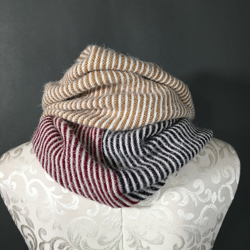 100% Acrylic, Stripe, Size: Infinity scarf, Neva color black striped burgandy,ochre,off-white and brick, New with tags