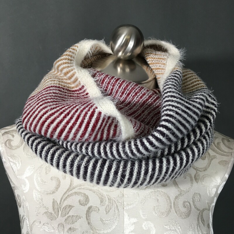 100% Acrylic, Stripe, Size: Infinity scarf, Neva color black striped burgandy,ochre,off-white and brick, New with tags