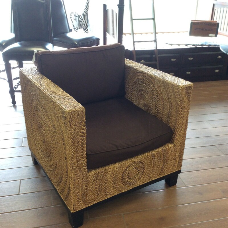This is a great chair from Z Gallerie! Made of seagrass with cushions upholstered in a light-weight dark brown cotton.