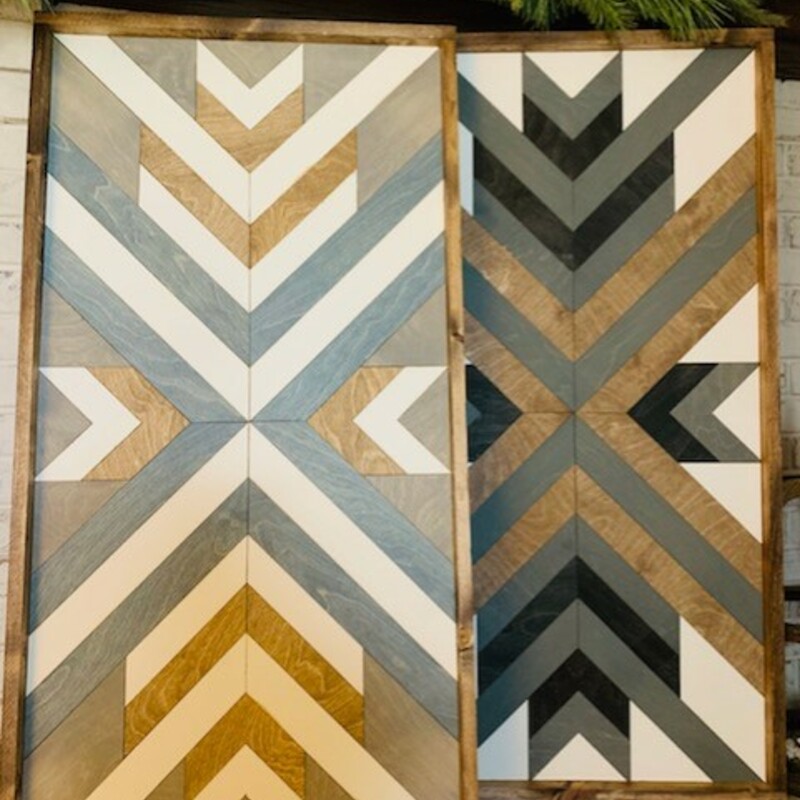 Wood stain and grey painted geometrical wall decor