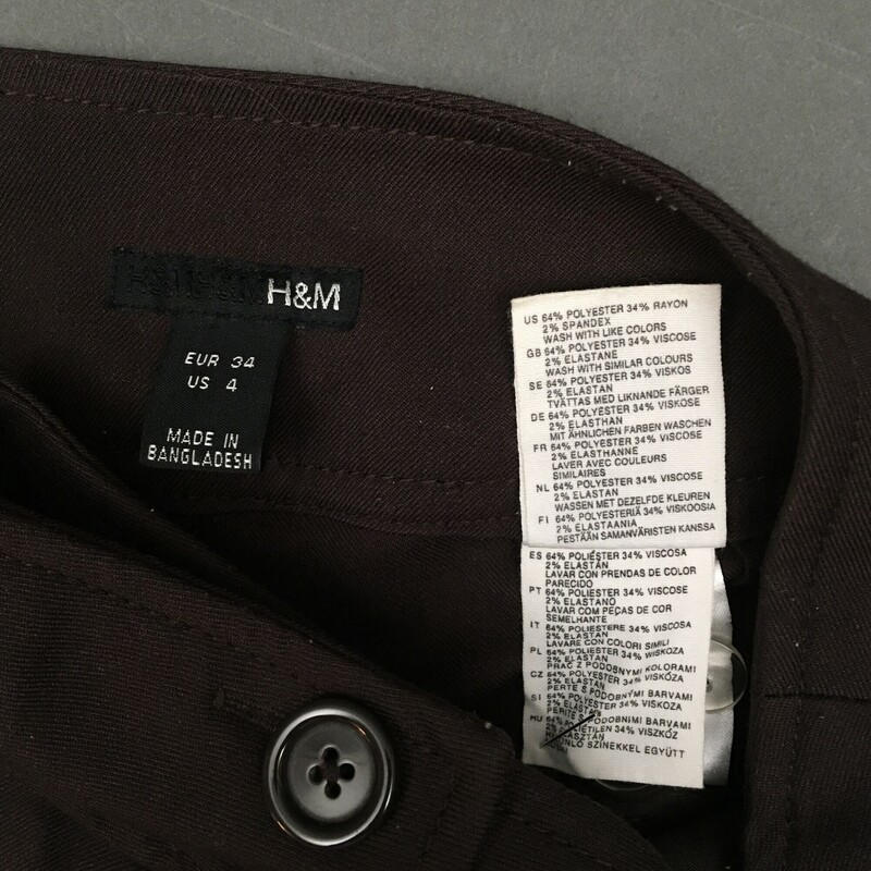 H&M US size 4, dark brown dress pants, wide waist band with 2 button closure, 3 back pockets