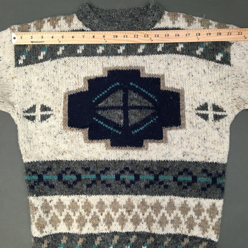 FABE Pattern Knit,  Size: Small Vintage 80s/90s dark grey, off white navy and aqua detail geometric pattern. 79% acrylis,15% wool, 5% nylon, 1% other fiber. Machine wash + lay flat to dry.