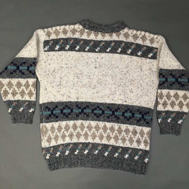 FABE Pattern Knit,  Size: Small Vintage 80s/90s dark grey, off white navy and aqua detail geometric pattern. 79% acrylis,15% wool, 5% nylon, 1% other fiber. Machine wash + lay flat to dry.