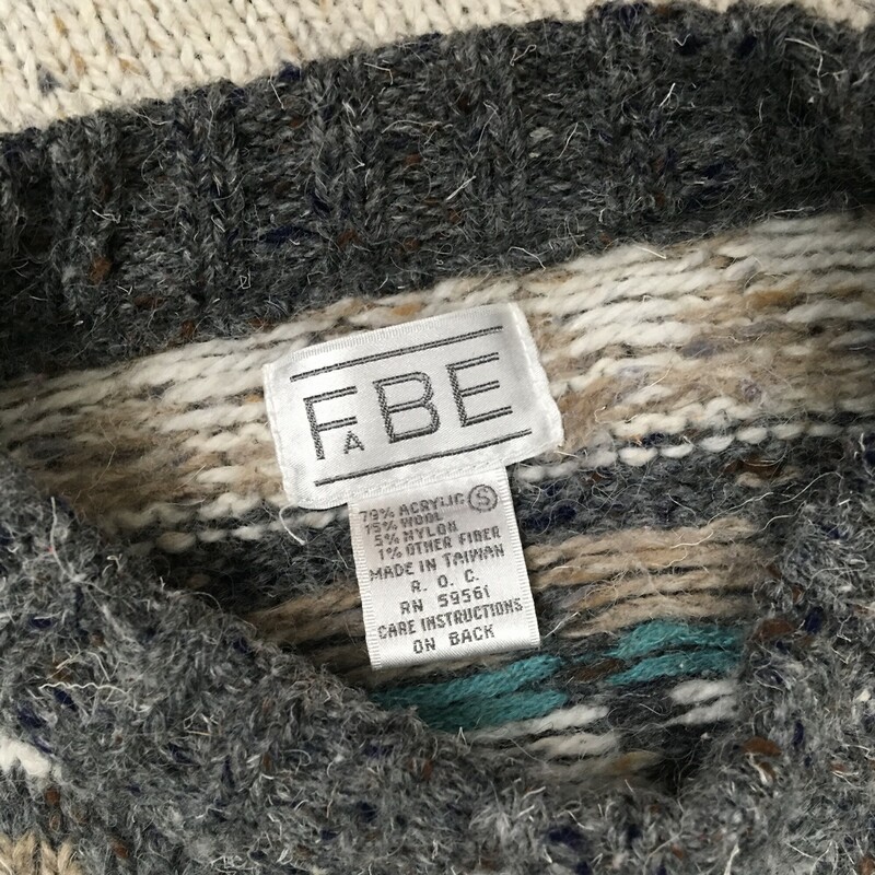 FABE Pattern Knit,  Size: Small Vintage 80s/90s dark grey, off white navy and aqua detail geometric pattern. 79% acrylis,15% wool, 5% nylon, 1% other fiber. Machine wash + lay flat to dry.