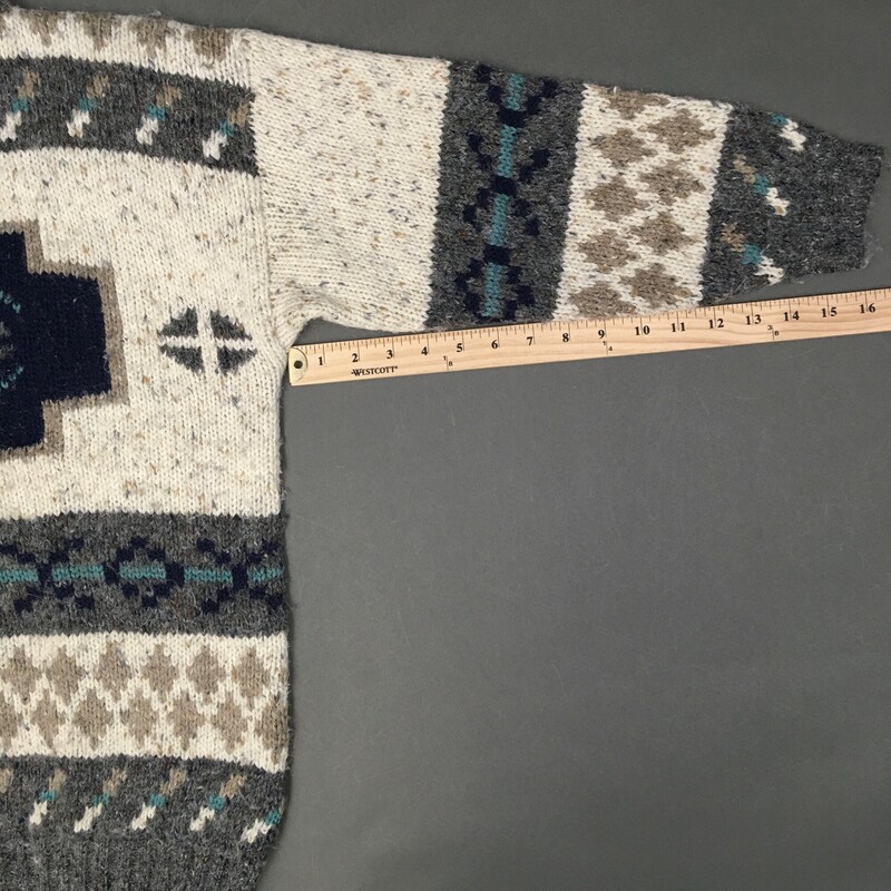 FABE Pattern Knit,  Size: Small Vintage 80s/90s dark grey, off white navy and aqua detail geometric pattern. 79% acrylis,15% wool, 5% nylon, 1% other fiber. Machine wash + lay flat to dry.