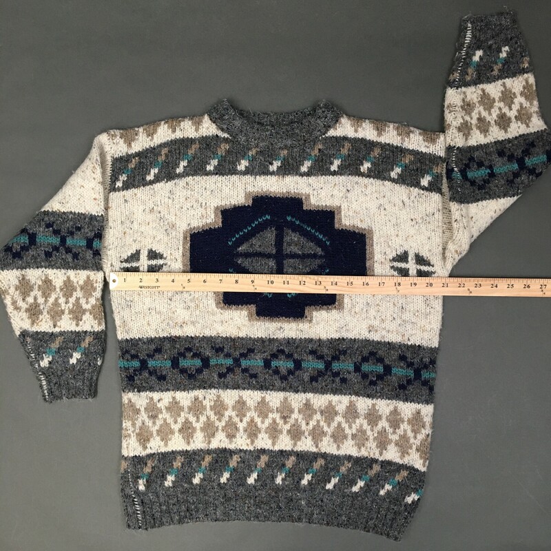 FABE Pattern Knit,  Size: Small Vintage 80s/90s dark grey, off white navy and aqua detail geometric pattern. 79% acrylis,15% wool, 5% nylon, 1% other fiber. Machine wash + lay flat to dry.