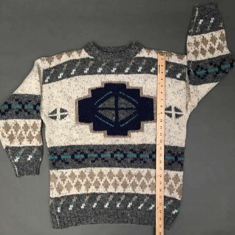 FABE Pattern Knit,  Size: Small Vintage 80s/90s dark grey, off white navy and aqua detail geometric pattern. 79% acrylis,15% wool, 5% nylon, 1% other fiber. Machine wash + lay flat to dry.