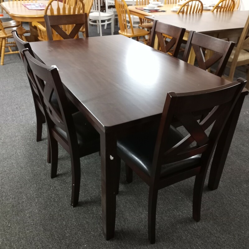 Table 6 Chairs dark brown w black padded seats.