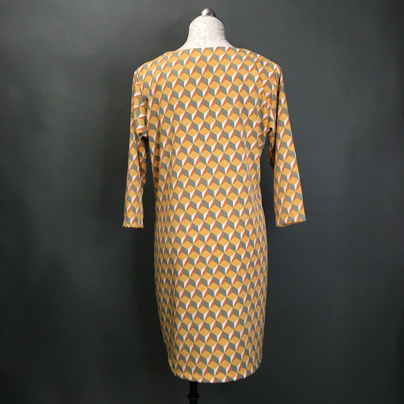 Laura Estrada, Pattern, Size: M. Laura Estrada, Pattern, Size: M sleeveless ,55% polyester / 45% rayon  round neck .Geometric pattern print inmustard, light grey,, brown and black. This is a light pull over, cute unlined dress. This dress falls just on the knees (pending height), and is a probable fit for size 8-10. Please see the measurements. There are no material tags. Great fun travel dress! Columbian designer Laura Estrada is exclusive to L'Unique Boutique in CT. This dress is one of a kind!