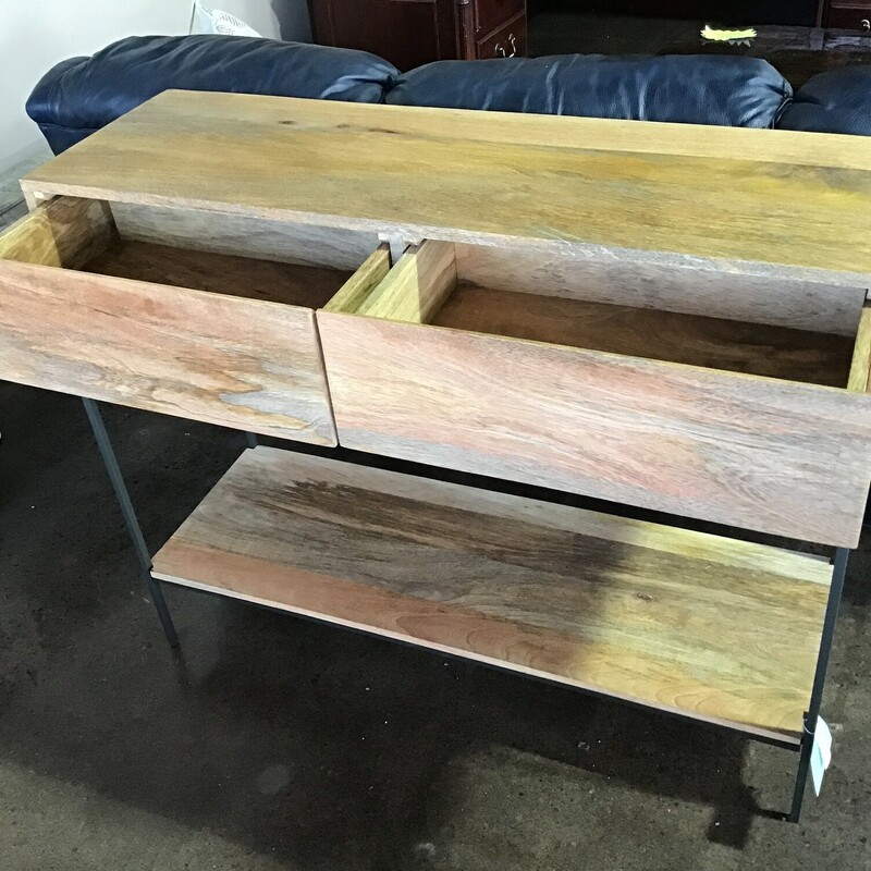 This beautiful wooden console table could be used as a server, media stand or console table. The wood grain is fabulous! It has 2 drawers, a lower shelf and metal frame. Beautiful piece!
Dimensions are 42 in x 14 in x 34 in.
