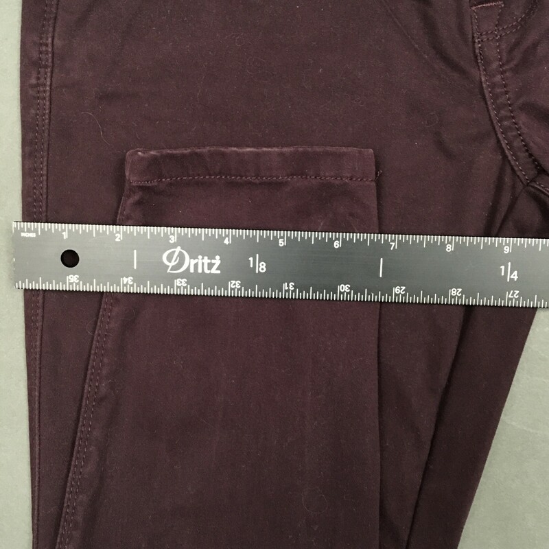 Skinny Leg Brushed Cotton, burgandy, Size: 2R, The Limited, Skinny Leg 917, 80% cotton, 17% rayon 3% spandex. Note that there is a slight discoloration on back of waistband as seen in the detail photo.