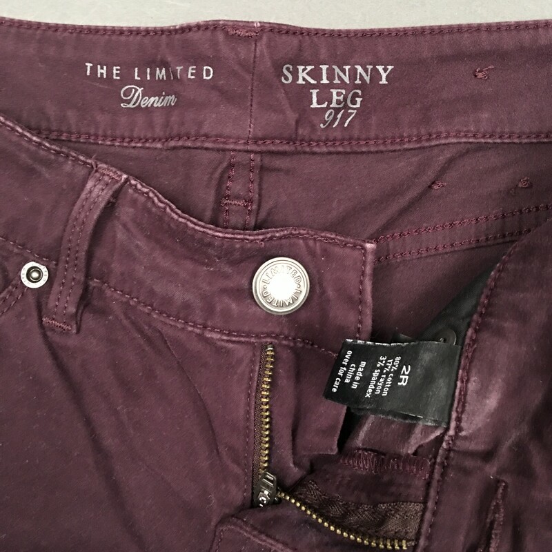 Skinny Leg Brushed Cotton, burgandy, Size: 2R, The Limited, Skinny Leg 917, 80% cotton, 17% rayon 3% spandex. Note that there is a slight discoloration on back of waistband as seen in the detail photo.