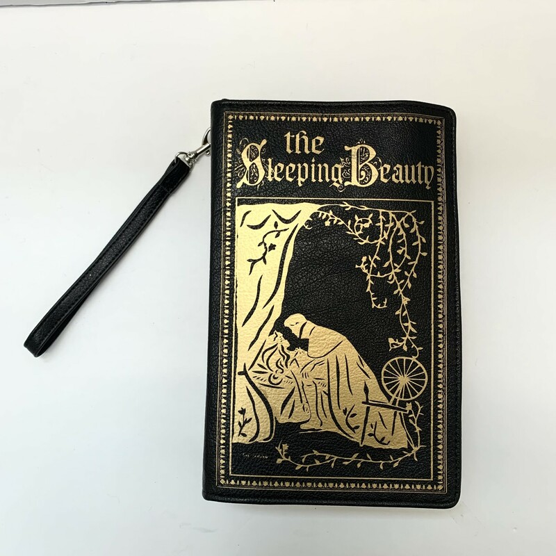 NEW  Sleeping Beauty Book Bag<br />
Black and Gold<br />
Size: Crossbody