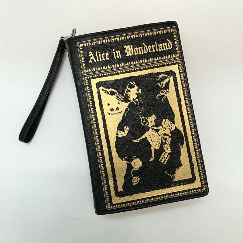 NEW  Alice In Wonderland Book Bag<br />
Black and Gold<br />
Size: Crossbody