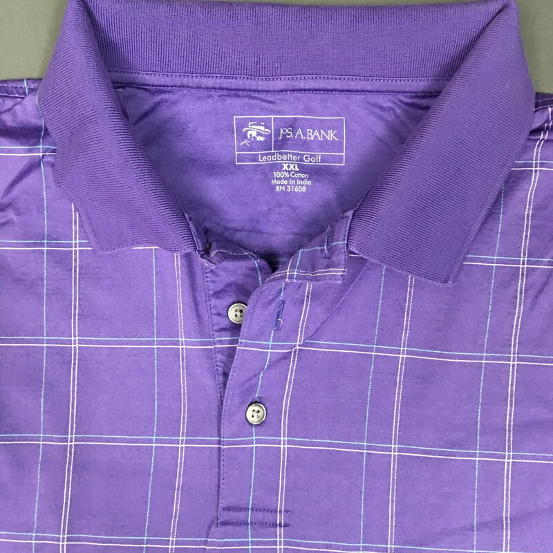 Jos. A Bank, Leadbetter Golf, 100% Cotton, Short Sleeve, Mauve Purple, thin stripe Aqua and white check pattern, Size: XXL