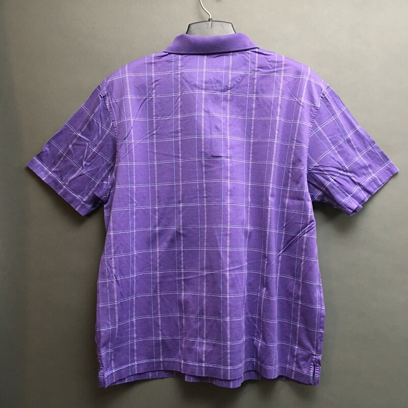 Jos. A Bank, Leadbetter Golf, 100% Cotton, Short Sleeve, Mauve Purple, thin stripe Aqua and white check pattern, Size: XXL