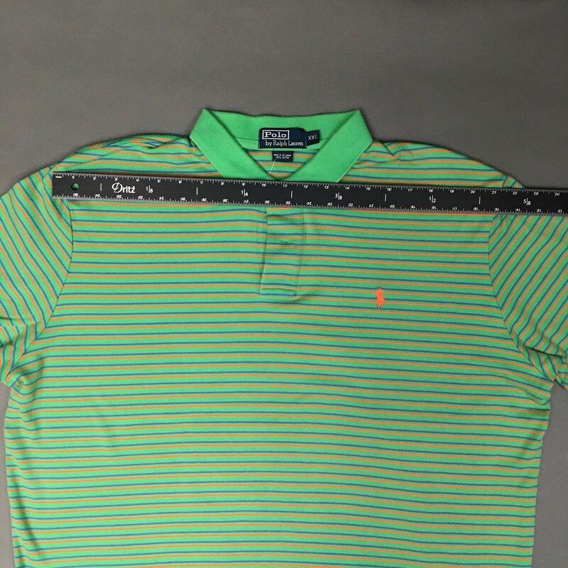 Ralph Lauren 100% Cotton,short sleeves, Green, orange logo, thin orange and purple stripes  Size: XXL