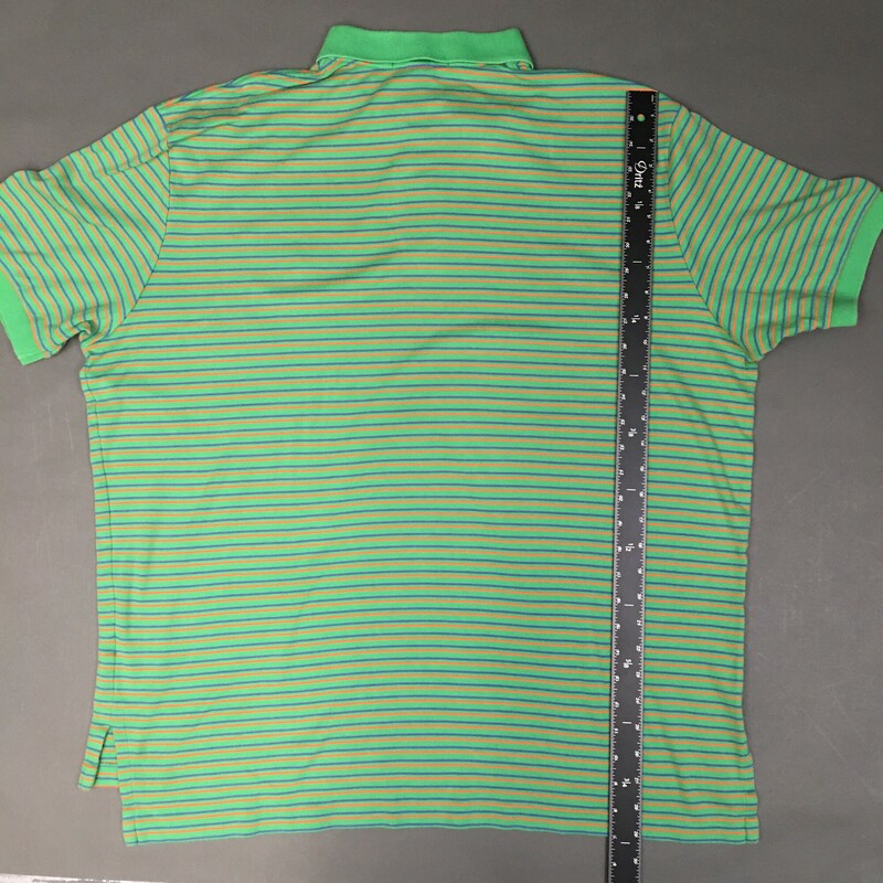 Ralph Lauren 100% Cotton,short sleeves, Green, orange logo, thin orange and purple stripes  Size: XXL