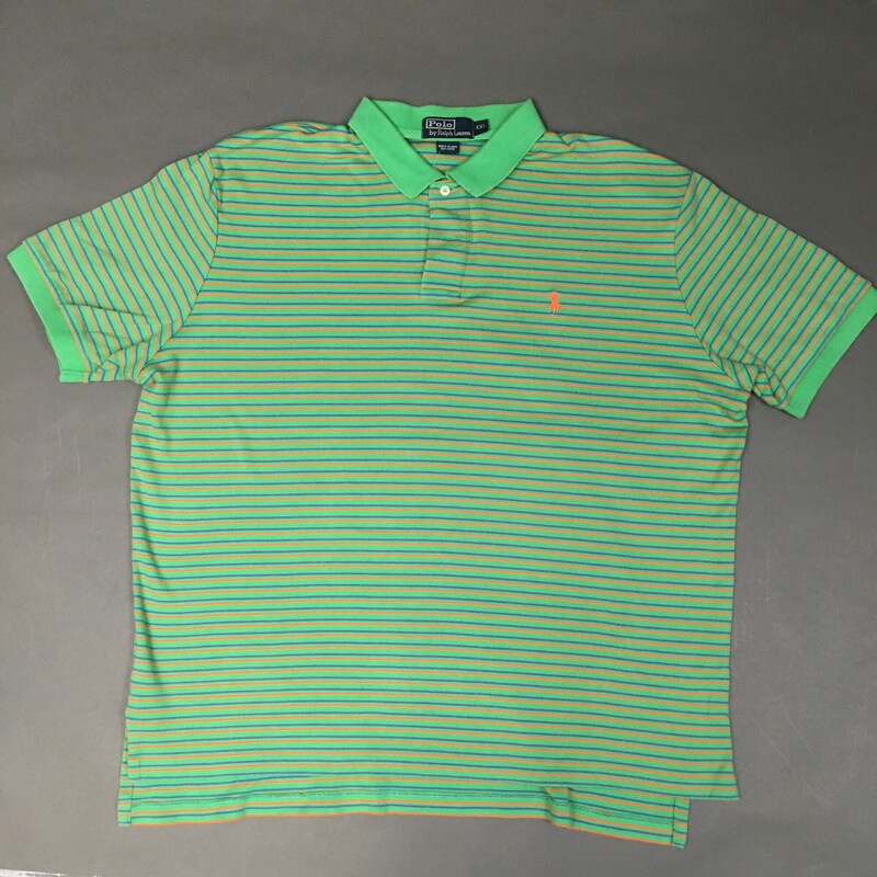 Ralph Lauren 100% Cotton,short sleeves, Green, orange logo, thin orange and purple stripes  Size: XXL