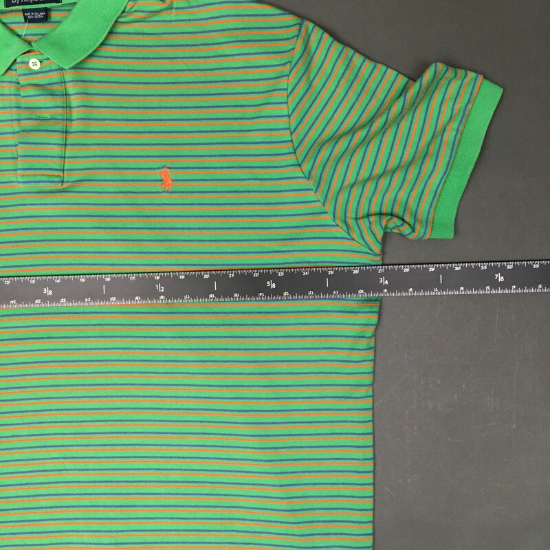 Ralph Lauren 100% Cotton,short sleeves, Green, orange logo, thin orange and purple stripes  Size: XXL