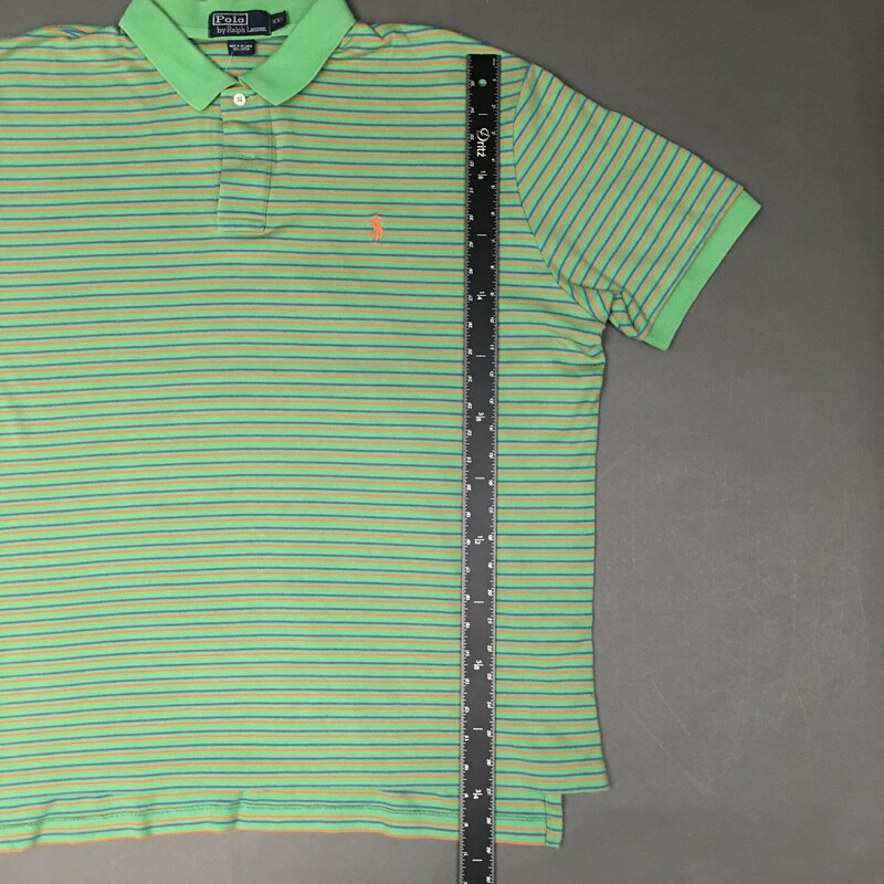 Ralph Lauren 100% Cotton,short sleeves, Green, orange logo, thin orange and purple stripes  Size: XXL