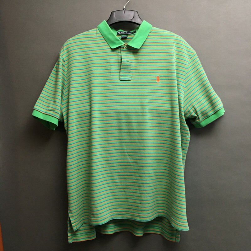 Ralph Lauren 100% Cotton,short sleeves, Green, orange logo, thin orange and purple stripes  Size: XXL