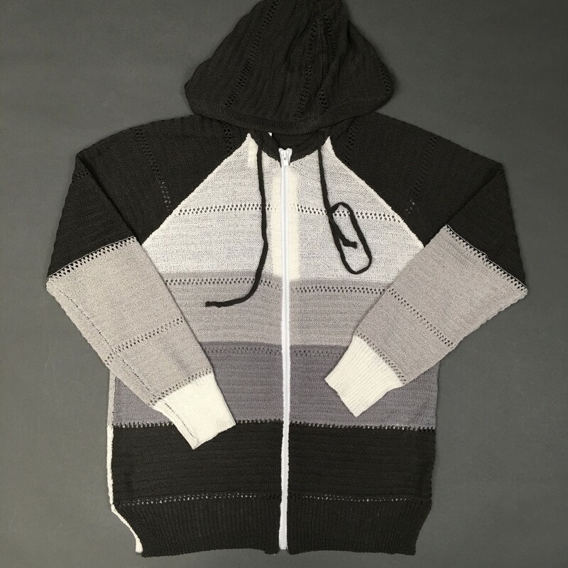 Black Grey Off white and white pattern light  knit hoodie, no tag, zipper front