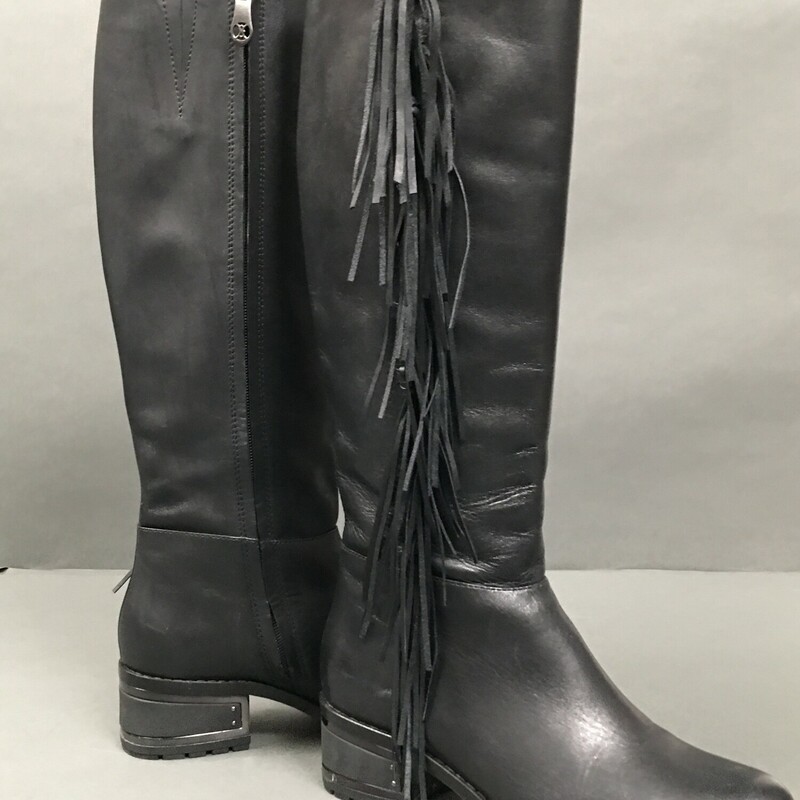 Carolina Espinosa Darrell Leather Knee High Boots, Black, Size: 7 Cedarell Leather, 10 knotted black fringe on outside of boot. 1.5 \" Heel has gunmetal wrap. Rubber tread sole on leather. Shaft to knee 15.5 inch, inside full zipper 15.5 inch. These are like new great condition all around. There is a little scratch on metal detail of one heel seen in photo