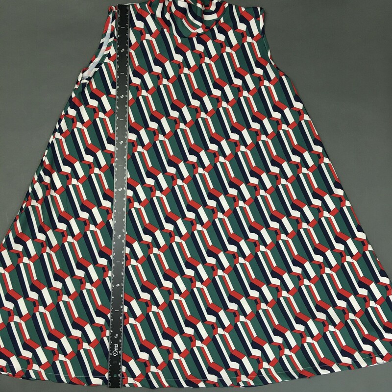 Laura Estrada, Pattern, Size: M. Laura Estrada, Pattern, Size: M sleeveless, 55% polyester / 45% rayon geometric print green, navy, red, white. This is a light pull over,cute reverse collar with 2 button fabric hook closure in back at neck, unlined dress. This dress flares at the basewith extra material falling just over the knees, and is a probable fit for size 7 to 10. Please see the measurements. There are no material tags.Great fun travel dress! Columbian designer Laura Estrada is exclusive to L'Unique Boutique in CT. This dress is one of a kind!<br />
7.85 oz