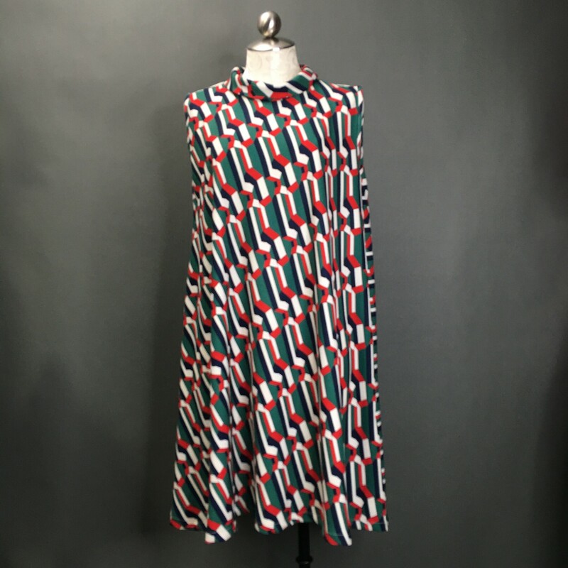 Laura Estrada, Pattern, Size: M. Laura Estrada, Pattern, Size: M sleeveless, 55% polyester / 45% rayon geometric print green, navy, red, white. This is a light pull over,cute reverse collar with 2 button fabric hook closure in back at neck, unlined dress. This dress flares at the basewith extra material falling just over the knees, and is a probable fit for size 7 to 10. Please see the measurements. There are no material tags.Great fun travel dress! Columbian designer Laura Estrada is exclusive to L'Unique Boutique in CT. This dress is one of a kind!
7.85 oz