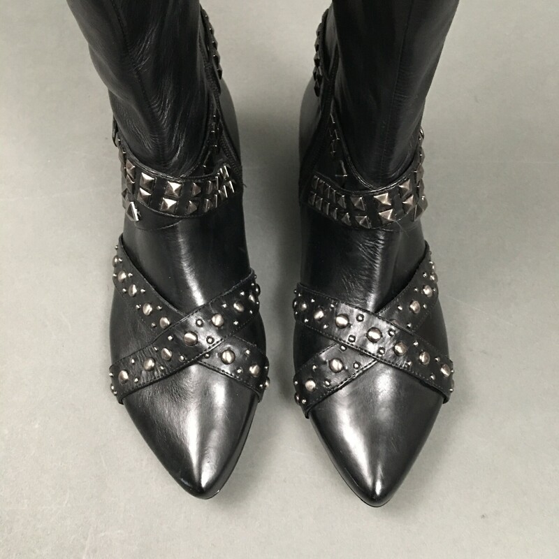 Nine West Carolinna Espinosa  Studded, Black, Size: 37 leather over the knee, inside ankle zip, flat sole with 1/2 inch heel pointy toes, with  gun metal studded leather straps. These super soft leather are brand new without tags never been worn.<br />
Shaft to over the knee 21.5 inches<br />
small 1/2\" inch heel