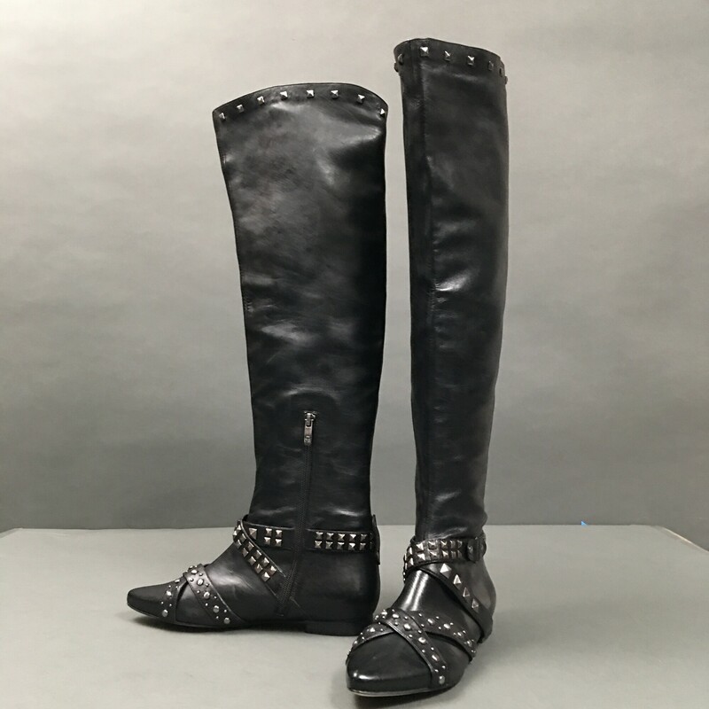 Nine West Carolinna Espinosa  Studded, Black, Size: 37 leather over the knee, inside ankle zip, flat sole with 1/2 inch heel pointy toes, with  gun metal studded leather straps. These super soft leather are brand new without tags never been worn.
Shaft to over the knee 21.5 inches
small 1/2\" inch heel