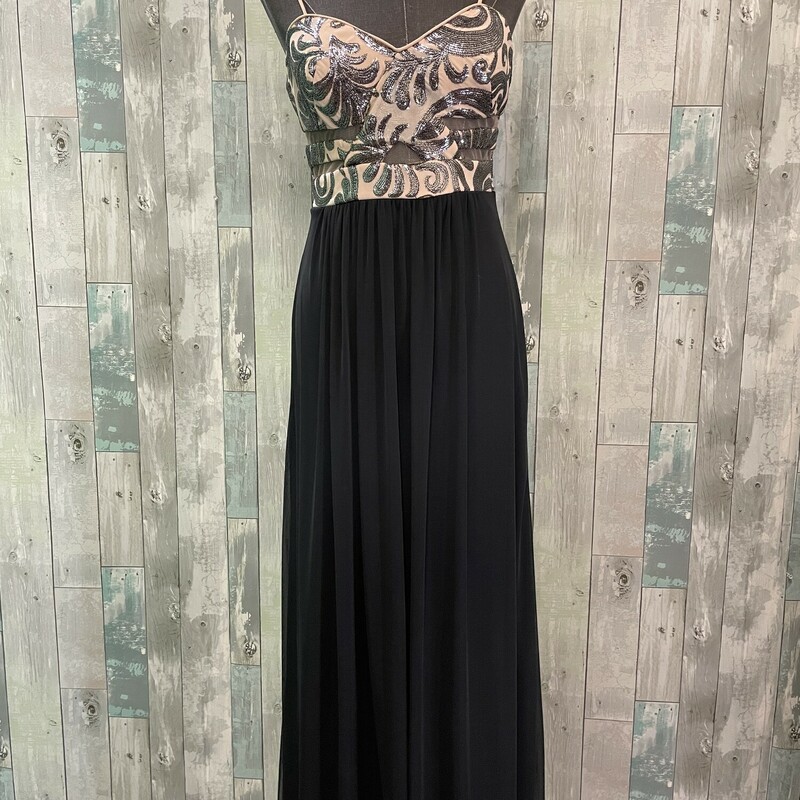 Little Mistress Formal<br />
Sequin front with mesh. back zip closure, lined<br />
Black, tan and silver<br />
Size: 4<br />
PLEASE NOTE, THERE ARE NO RETURNS!