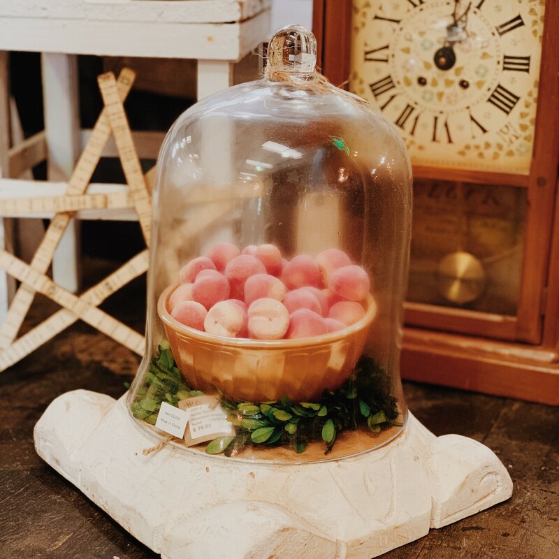 Our lovely cloches are perfect for any style home. These versatile pieces can be used on a wide variety of bases with many ways to fill them! They meausure 12 inches tall by 9 inches wide.