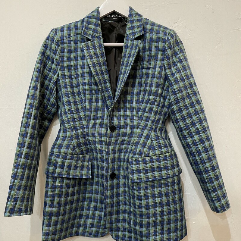 Balenciaga Virgin Wool Plaid Blazer
Color: Blue
Size: Small
70% wool, 25% cotton, 5% polyester