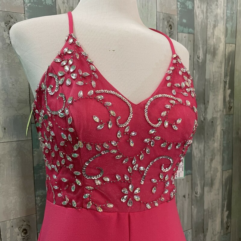 NEW Windsor Straight Prom
Beaded bodice, front slit, crisscross back straps
Pink
Size: 5