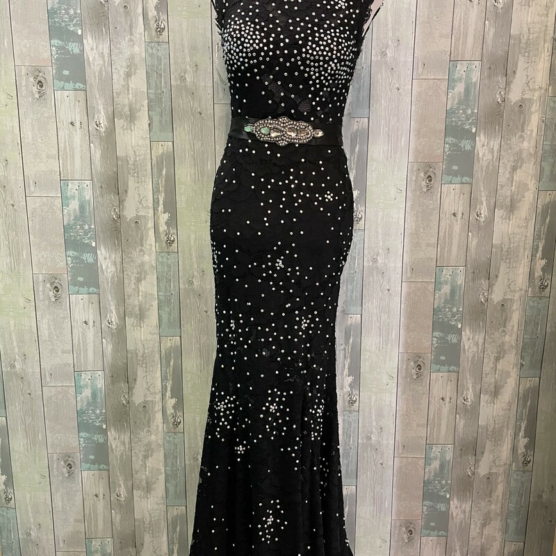 Betsy Adams Lace Formal
Beautifully gemmed with a detachable gem belt. Built in cups, open back and back zip closure. Slightly longer back
Black
Size: 0