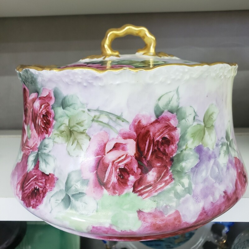 Limoges France Biscuit Jar, Hand Painted Roses, W/ Lid