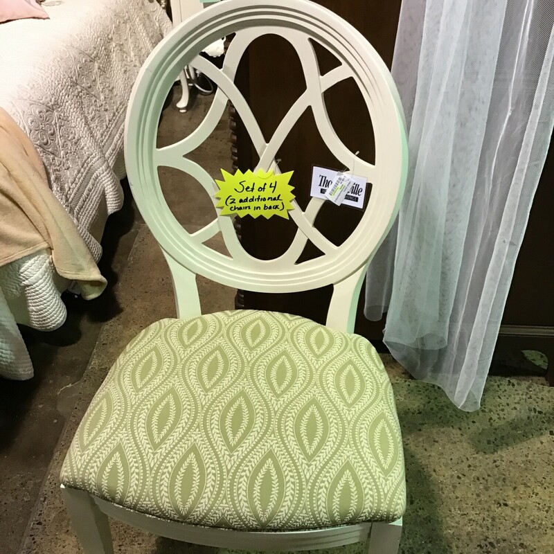 These beautiful Thomasville dining chairs come as a set of four. They are wood is factory-painted in white and the feet have beautiful metal detailing. The seat is upholstered in a neutral sage green fabric. These chairs would go with just about any dining table!
Dimensions are 22 in x 20 in x 41 in
