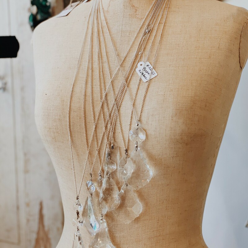 These beautiful necklaces made from vintage chandelier pieces are perfect for layering! The chain sizes range from 24 inches to 36 inches.