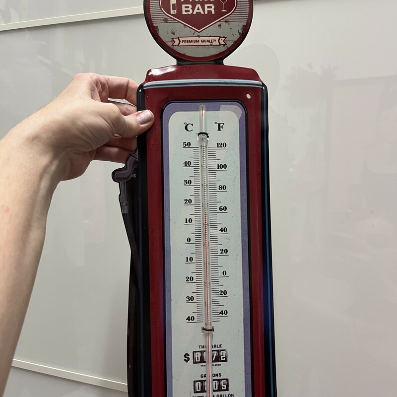 Brand new wine bar metal thermometer in red and black measures 18.75 x 6