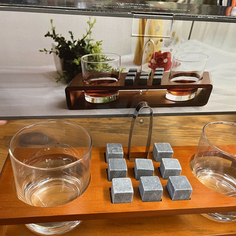 HAPPINESS IS whisKEY  Glasses Set<br />
includes:<br />
2-12 oz glasses<br />
8 reuseable ice stones<br />
1 stainless steel ice tongs<br />
1 wooden display stand