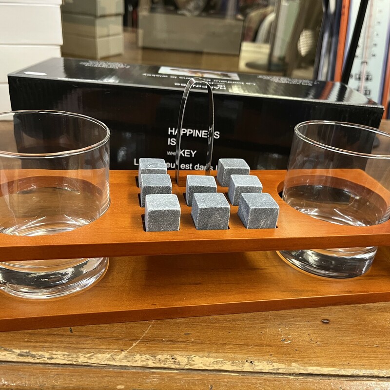 HAPPINESS IS whisKEY  Glasses Set
includes:
2-12 oz glasses
8 reuseable ice stones
1 stainless steel ice tongs
1 wooden display stand