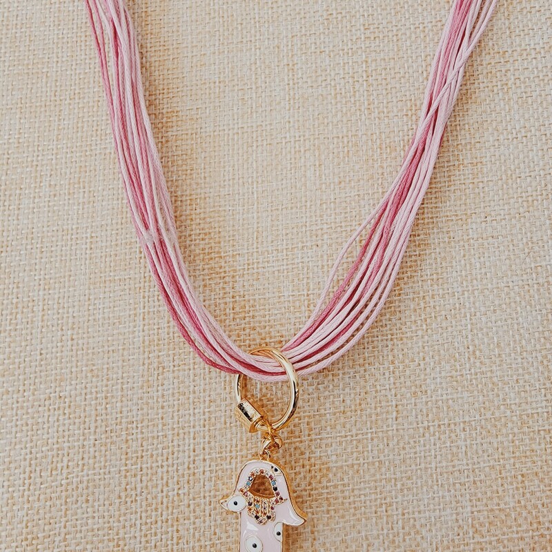 This lovely pink necklace from Kelli Hawk Designs hangs on 15 inches of pink toned cords with a 4 inch extender.
