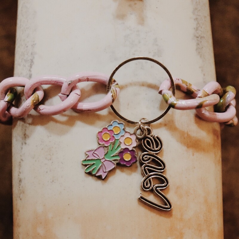 Pink Chain Bracelet With Love and Flower Charm. Clasp lock