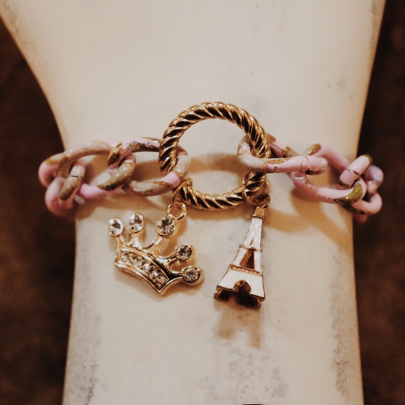 Pink Chain Bracelet With Eifle and Crown Charms. Clasp  Lock