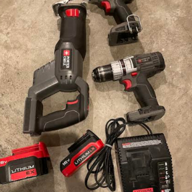 Li Ion Tool Set, Porter  Cable 18V Li Ion
Kit Includes: Drill, Impact Driver, Reciprocating Saw,
2 Li ion Batteries and Charger