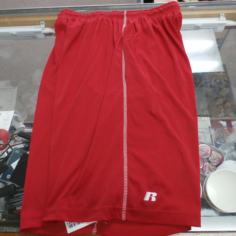 Russell Men's Wisconsin Badgers shorts red size Small polyester #33419<br />
Rating: (see below) 4- Fair Condition<br />
Team: Wisconsin Badgers<br />
Player: Team<br />
Brand: Russell<br />
Size: Men's    Small-  (Measured Flat: Waist 13\"; Length 21\"; Inseam 9\")<br />
Measured flat: hip to hip; hip to hem; and groin to hem<br />
Color: Red<br />
Style: elastic waistband; screen pressed; shorts<br />
Material: 100% polyester<br />
Condition: 4- Fair Condition: wrinkled; minor pilling and fuzz; some stretching from use; there is both white and dark staining in multiple spots on shorts;<br />
Item #: 33419<br />
Shipping: FREE