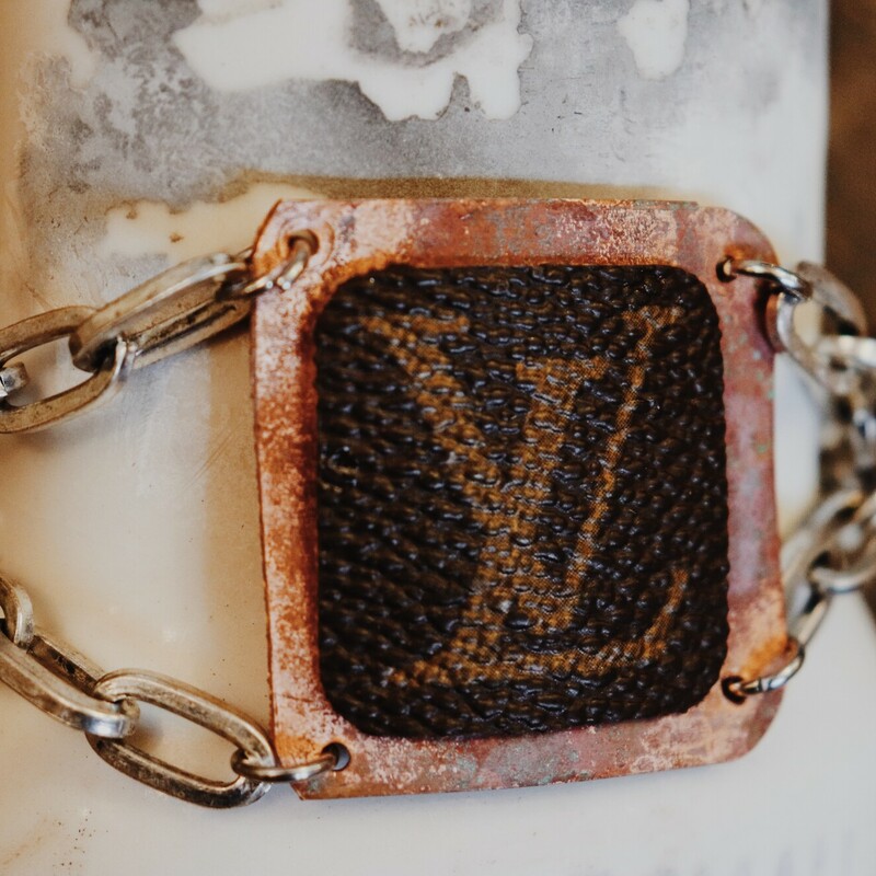 These upcycled, handmade bracelets were made from an authentic Louis Vuitton bag! The bag's date code is SP0927.
Resurrect Antiques is not affiliated with the LV company.